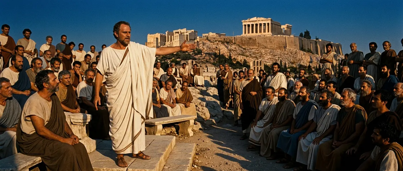 Demosthenes delivering a speech to the Athenian assembly, warning against Philip of Macedon