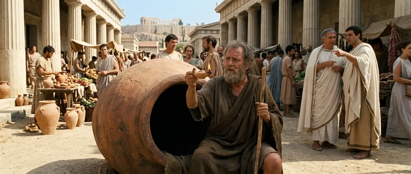 Diogenes the Cynic philosopher sitting in his barrel in ancient Corinth marketplace