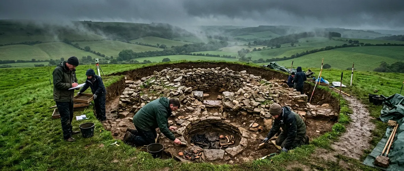 Bronze Age burial mounds with ancient stone chambers and megalithic structures at Dartmoor archaeological site
