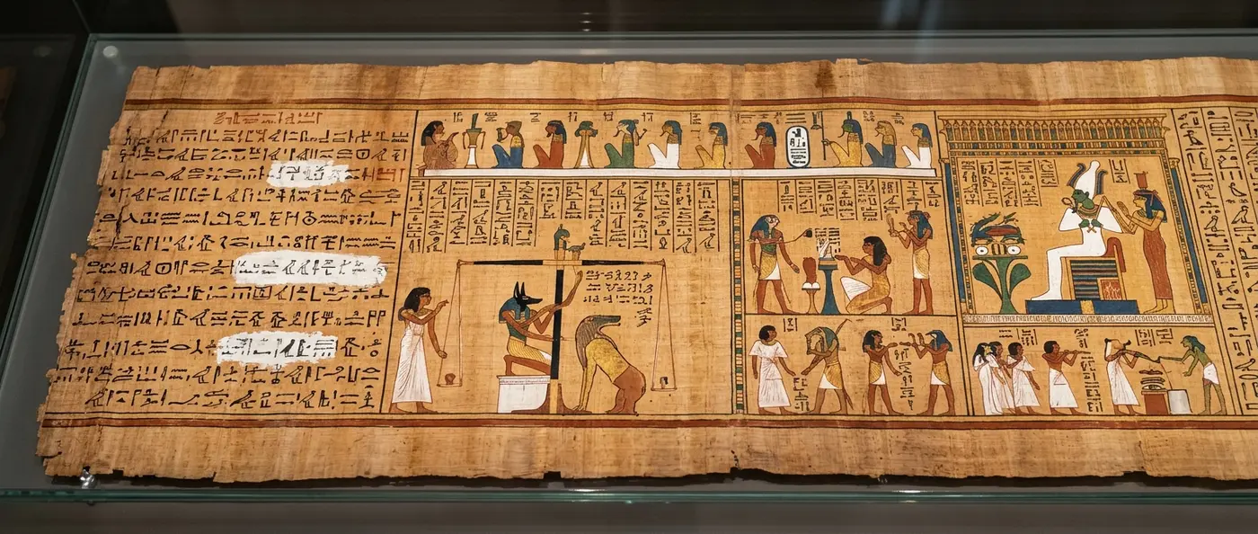 Ancient Egyptian papyrus showing correction fluid traces in Book of the Dead manuscript
