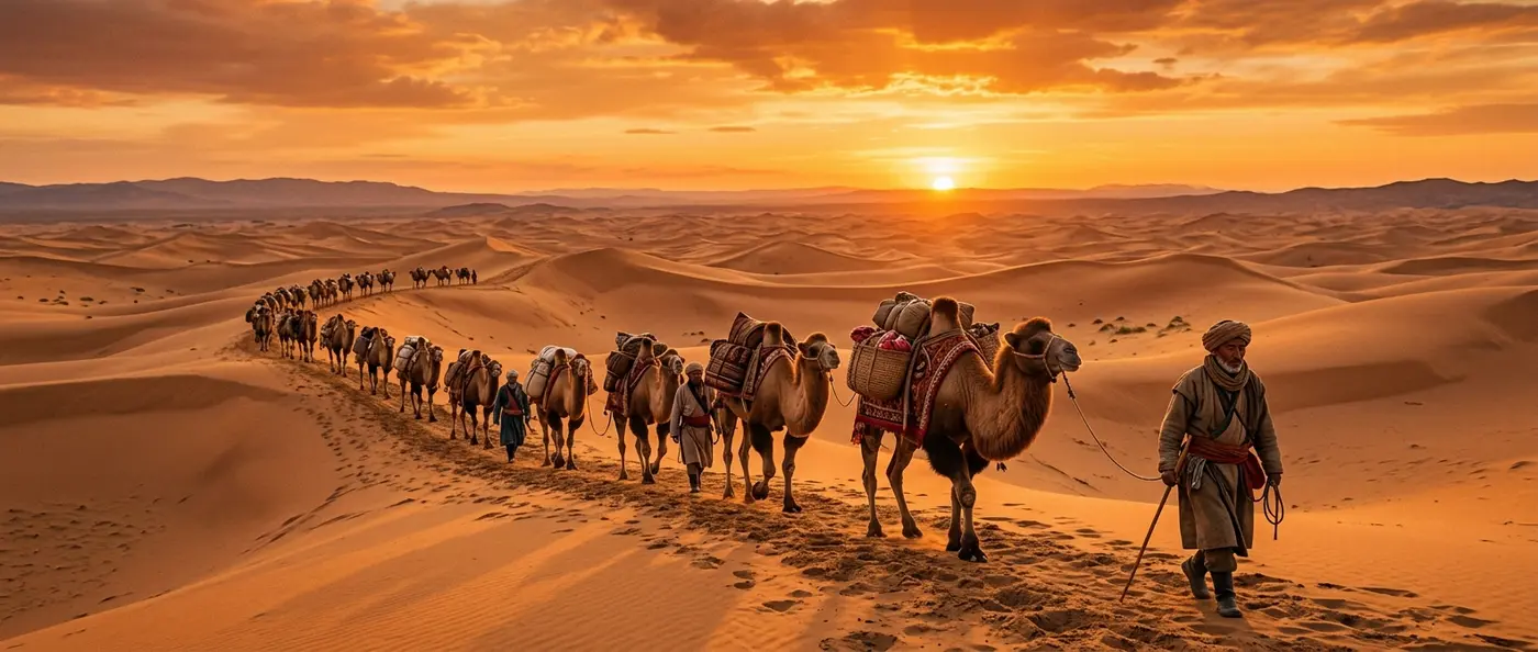 Camel caravan crossing the Taklamakan Desert along the ancient Silk Road trade route