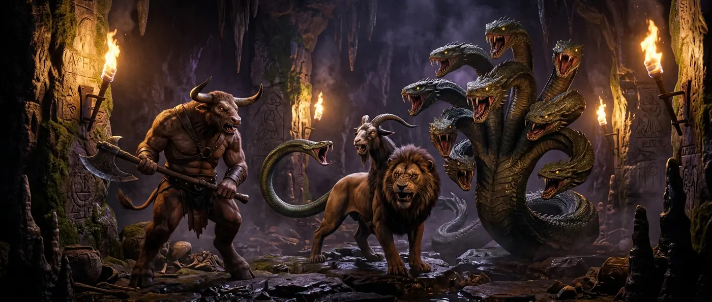 Ancient Greek mythical creatures including Echidna, Harpies, and Scylla from classical mythology