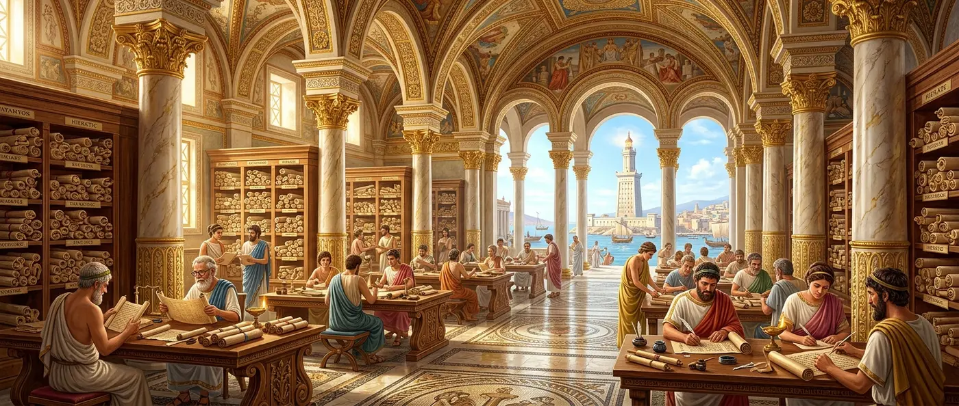 The Great Library of Alexandria with scholars studying ancient scrolls in the Mouseion