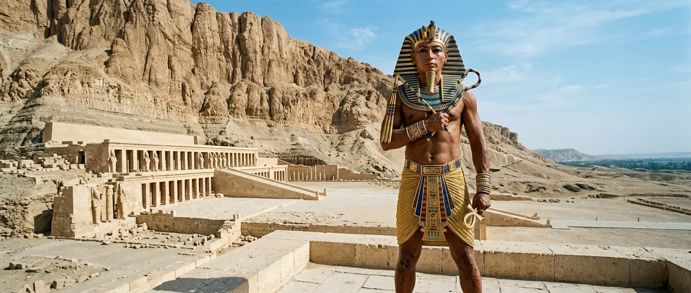 Pharaoh Hatshepsut wearing the false beard and regalia of Egyptian kingship