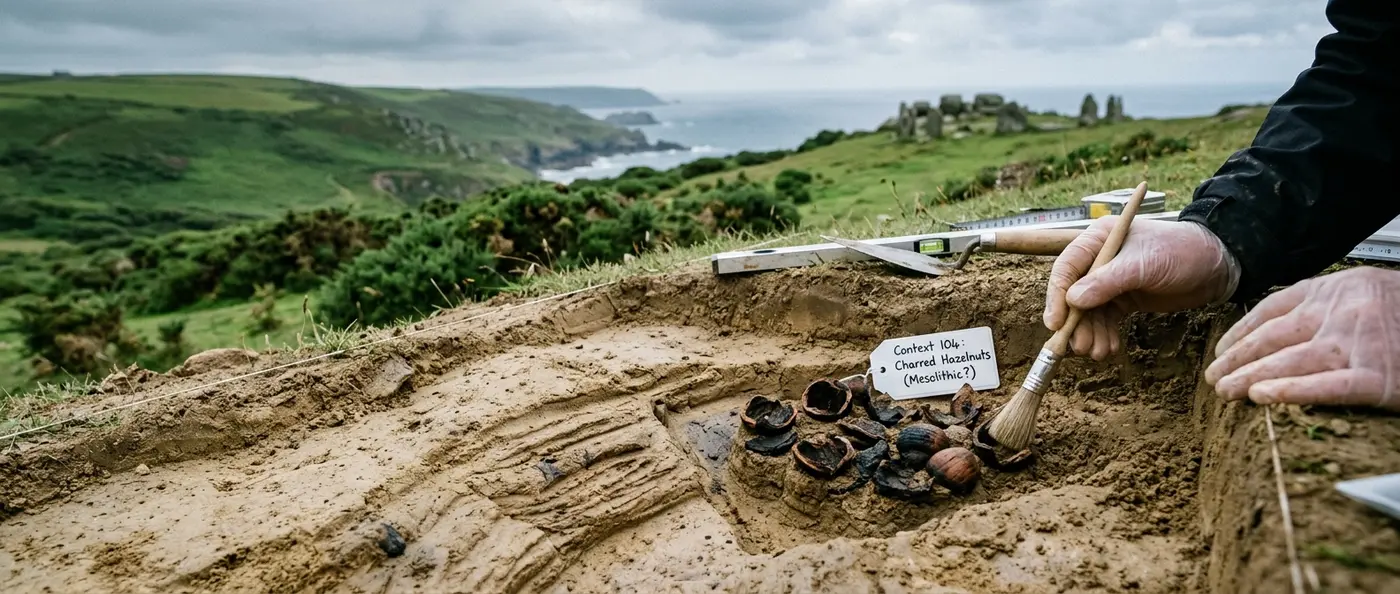 Charred hazelnut shells discovered at Tregunnel Hill archaeological site in Cornwall