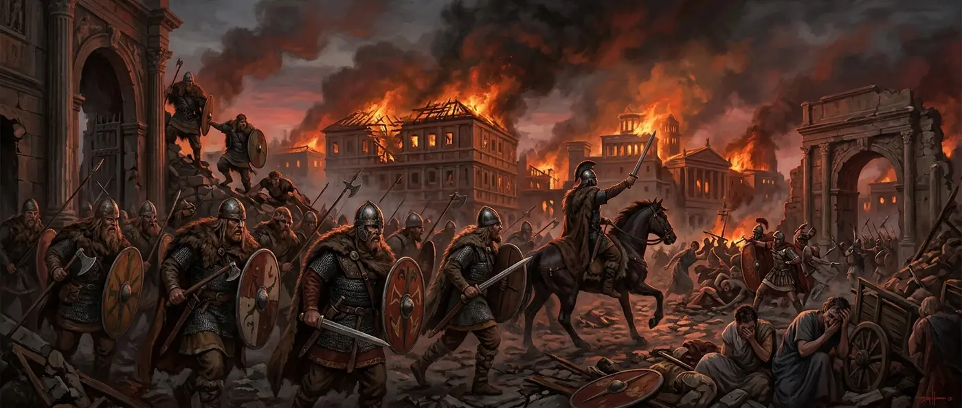 Goths and Vandals sacking Rome - barbarian warriors entering the eternal city