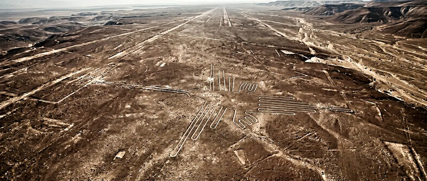 Aerial view of Nazca Lines geoglyphs carved into Peru's desert landscape