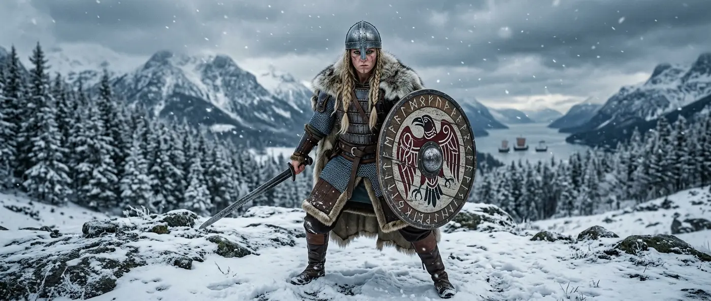 Viking women warriors with weapons and shields in battle formation