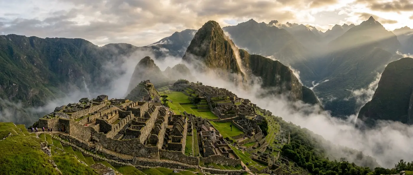 Machu Picchu ancient stone terraces rising from misty Andean peaks