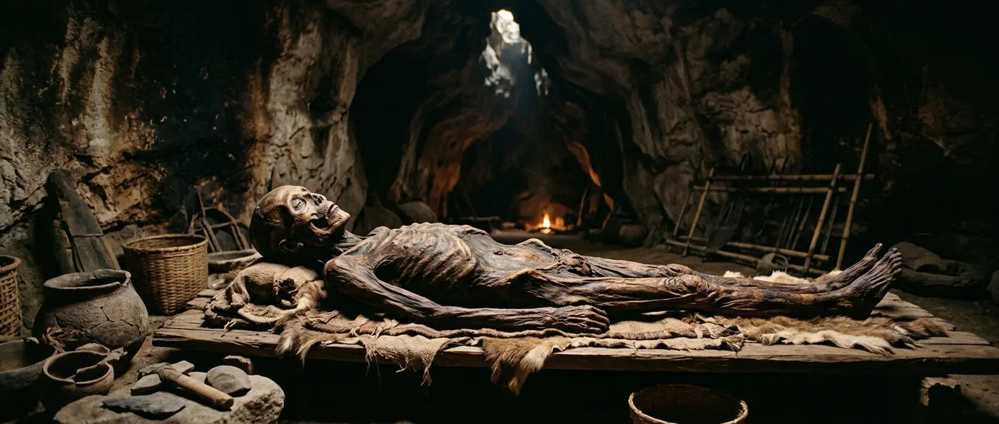 Ancient smoke-dried mummy from Southeast Asia showing hyperflexed burial position