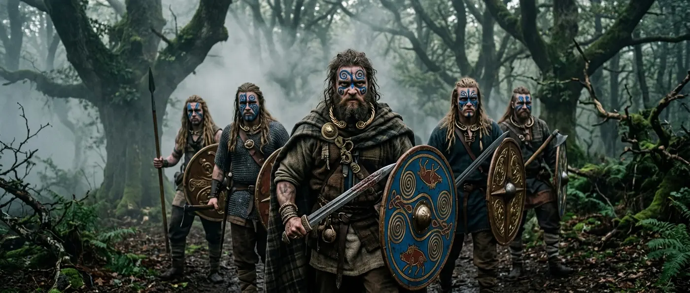 Celtic warriors charging into battle with shields and long swords