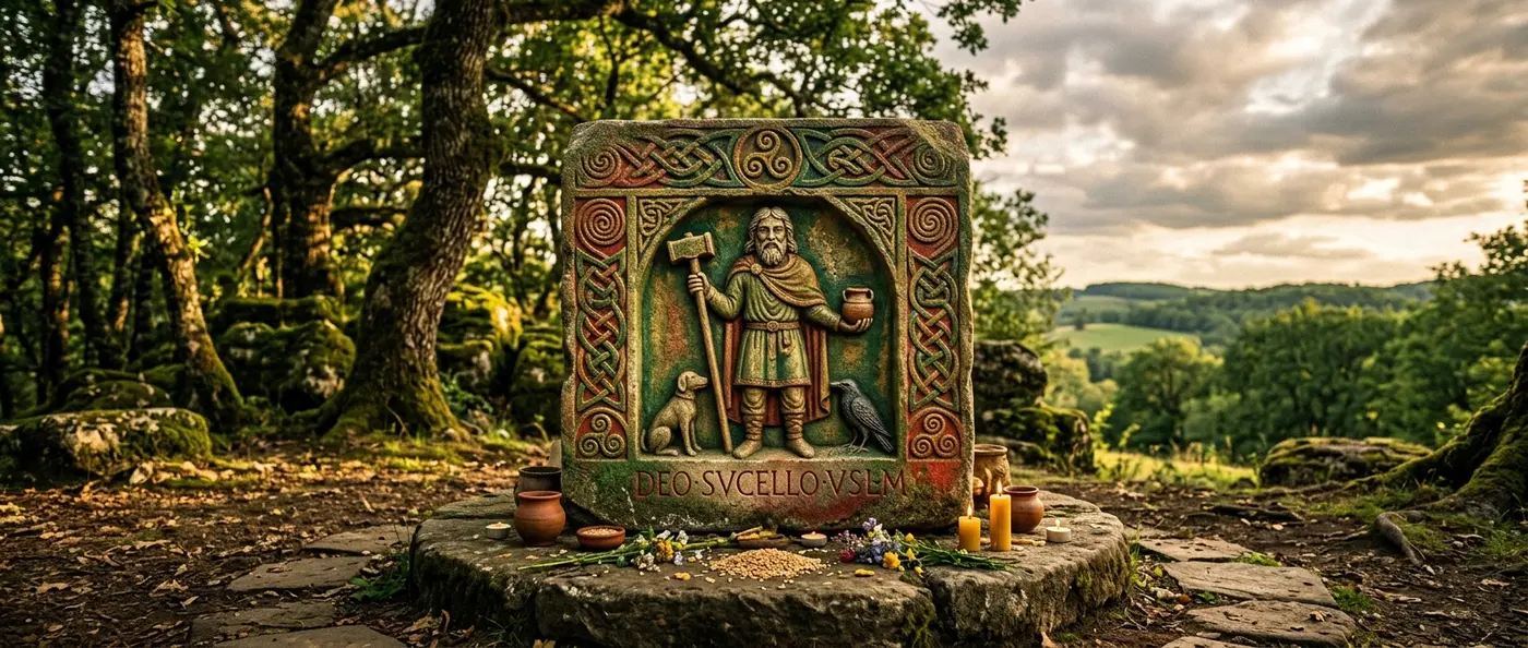 Painted altar block showing Celtic god Sucellus with hammer and wine barrel found in Burgundy sanctuary