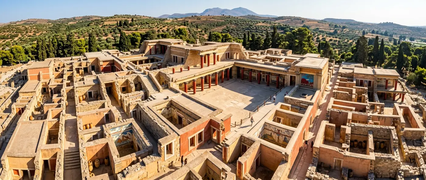 Ancient Knossos palace complex with intricate corridors and chambers