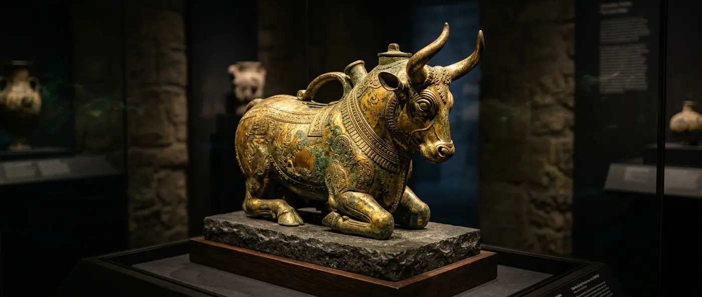 Ancient Iranian animal-shaped ceremonial vessel from Bronze Age with intricate zoomorphic designs