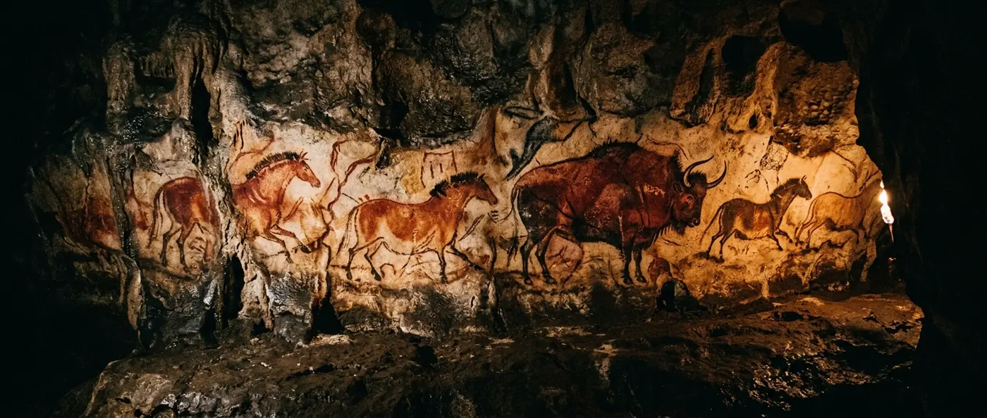 Paleolithic cave paintings showing ancient horses and animals in French caves, dating back 36,000 years