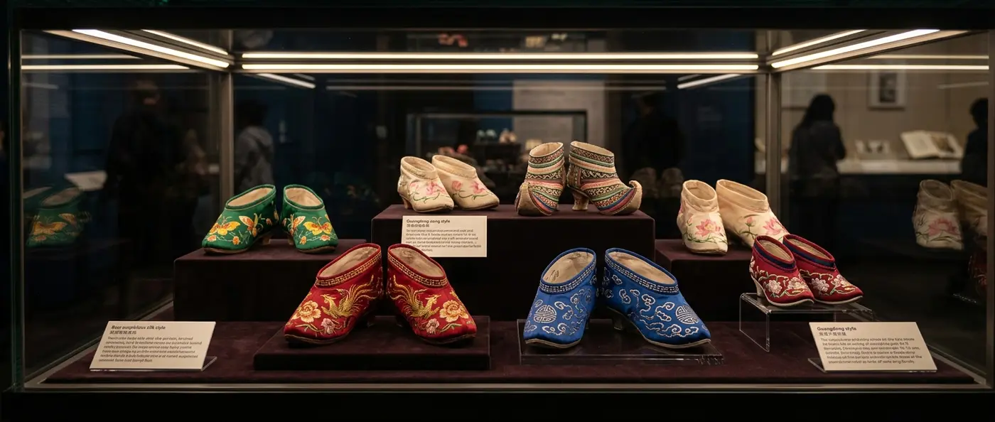 Ancient Chinese lotus shoes measuring only 6 centimeters, displayed in museum showcase