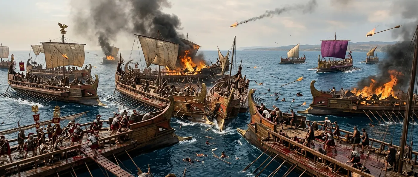 Battle of Actium naval warfare between Cleopatra, Mark Antony and Octavian showing 900 warships clashing in the Ionian Sea