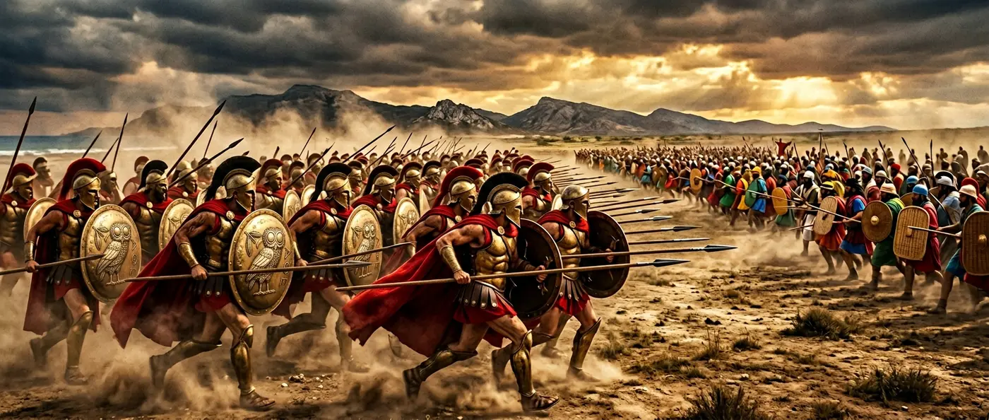 Greek hoplites charging Persian forces at the Battle of Marathon in 490 BCE
