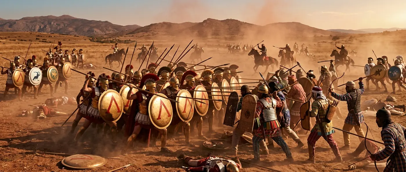 Greek hoplites charging Persian forces at the decisive Battle of Plataea in 479 BC