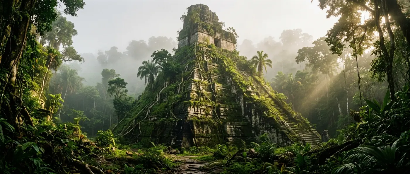 Ancient Maya temple ruins emerging from dense Guatemalan jungle canopy