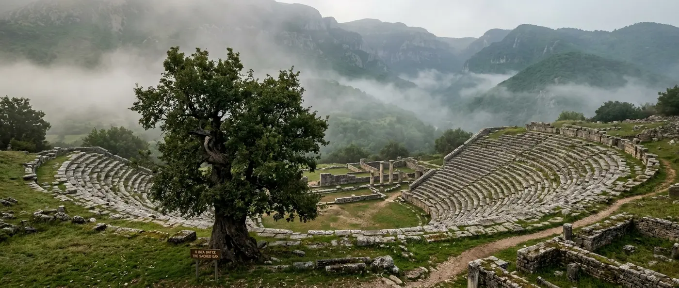 Oracle of Dodona archaeological site showing ancient sacred oak remains and bronze cauldron fragments in Epirus Greece