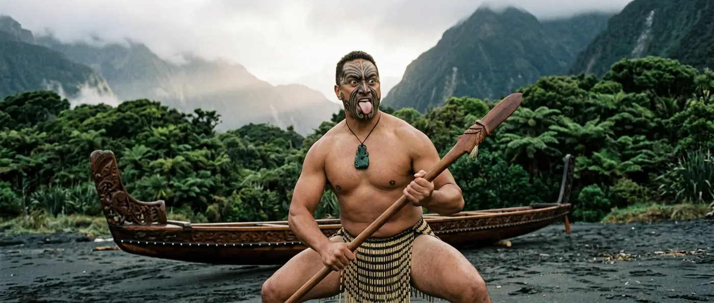 Māori warriors performing traditional haka war dance with carved jade weapons
