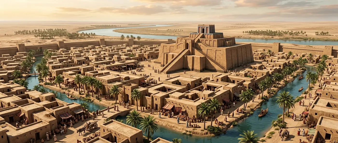 Ancient Mesopotamian city with towering ziggurats and organized mud-brick neighborhoods bustling with early urban dwellers