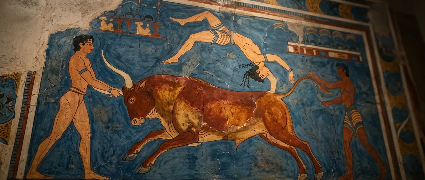 Minoan bull-leaping fresco showing athletes performing dangerous acrobatic vaults over charging bulls in ancient Crete