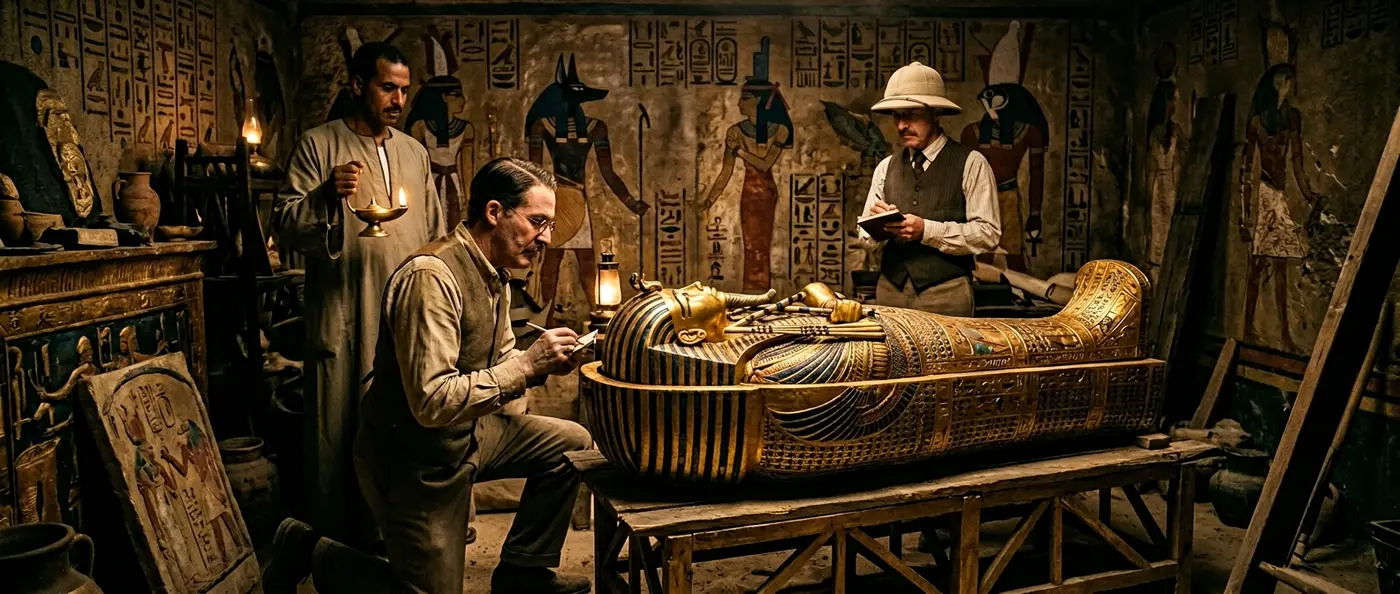 Tutankhamun's damaged mummy showing decapitation and dismemberment by archaeologists
