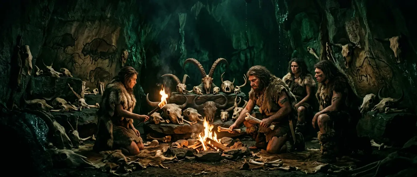 Neanderthal skull collection in Des-Cubierta cave showing deliberate arrangement of horned animal skulls