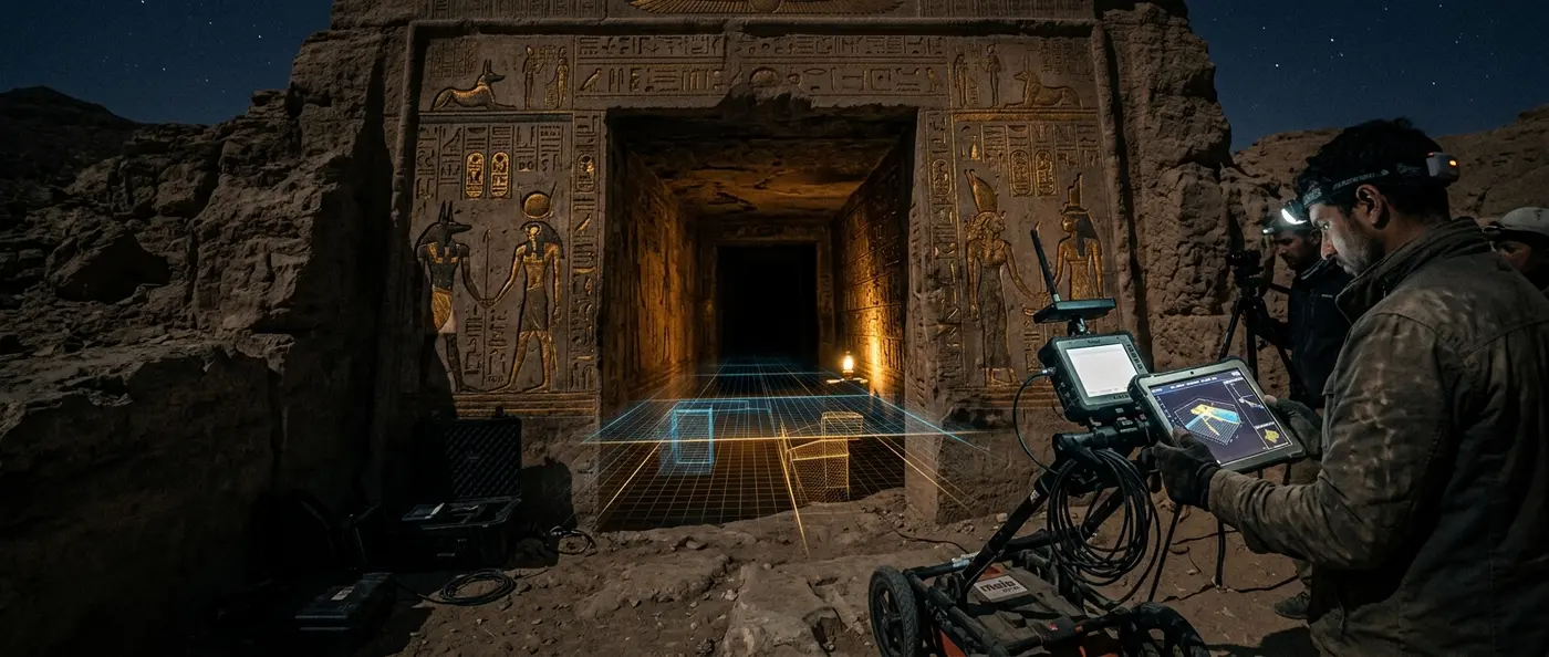 Advanced ground-penetrating radar equipment scanning limestone bedrock in Egypt's Valley of Kings for Queen Nefertiti's tomb
