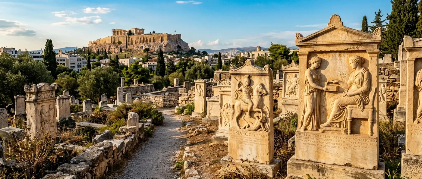 Ancient marble grave monuments at Kerameikos Cemetery in Athens