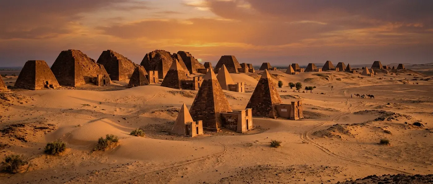 Ancient Nubian pyramids rising from Sudan's desert sands at Meroe archaeological site