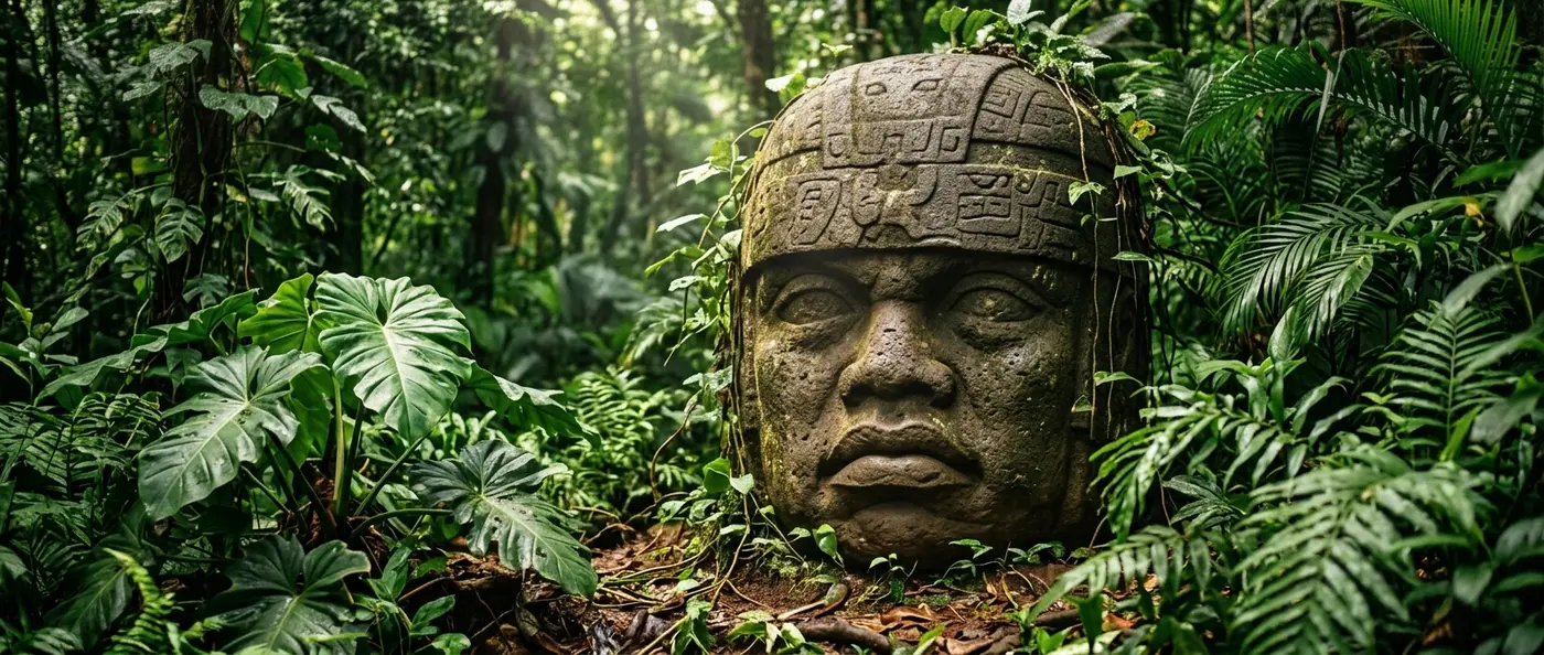 Massive Olmec colossal head carved from basalt stone in ancient Mesoamerica