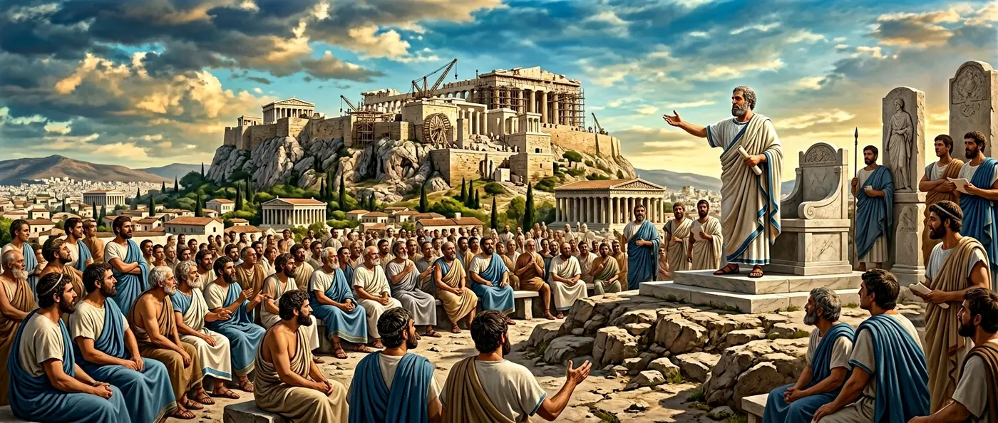 Pericles leading Athens during the Golden Age with the Parthenon under construction