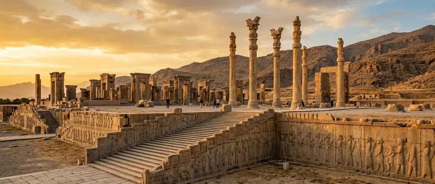 Persepolis ruins with towering columns against desert landscape