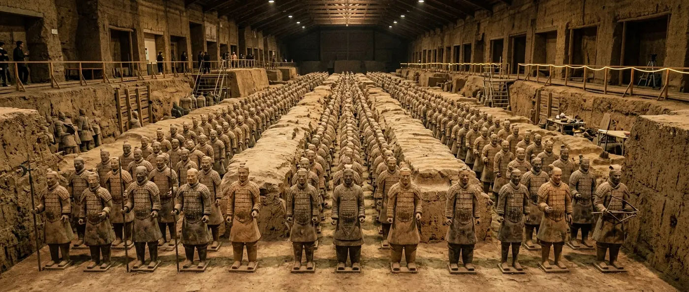 Rows of terracotta warriors standing in formation in Emperor Qin Shi Huang's tomb complex