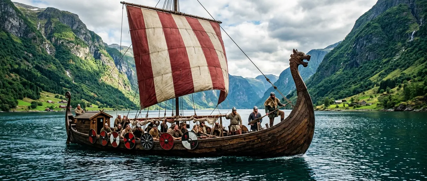 Viking longship with distinctive dragon head prow sailing across rough northern seas