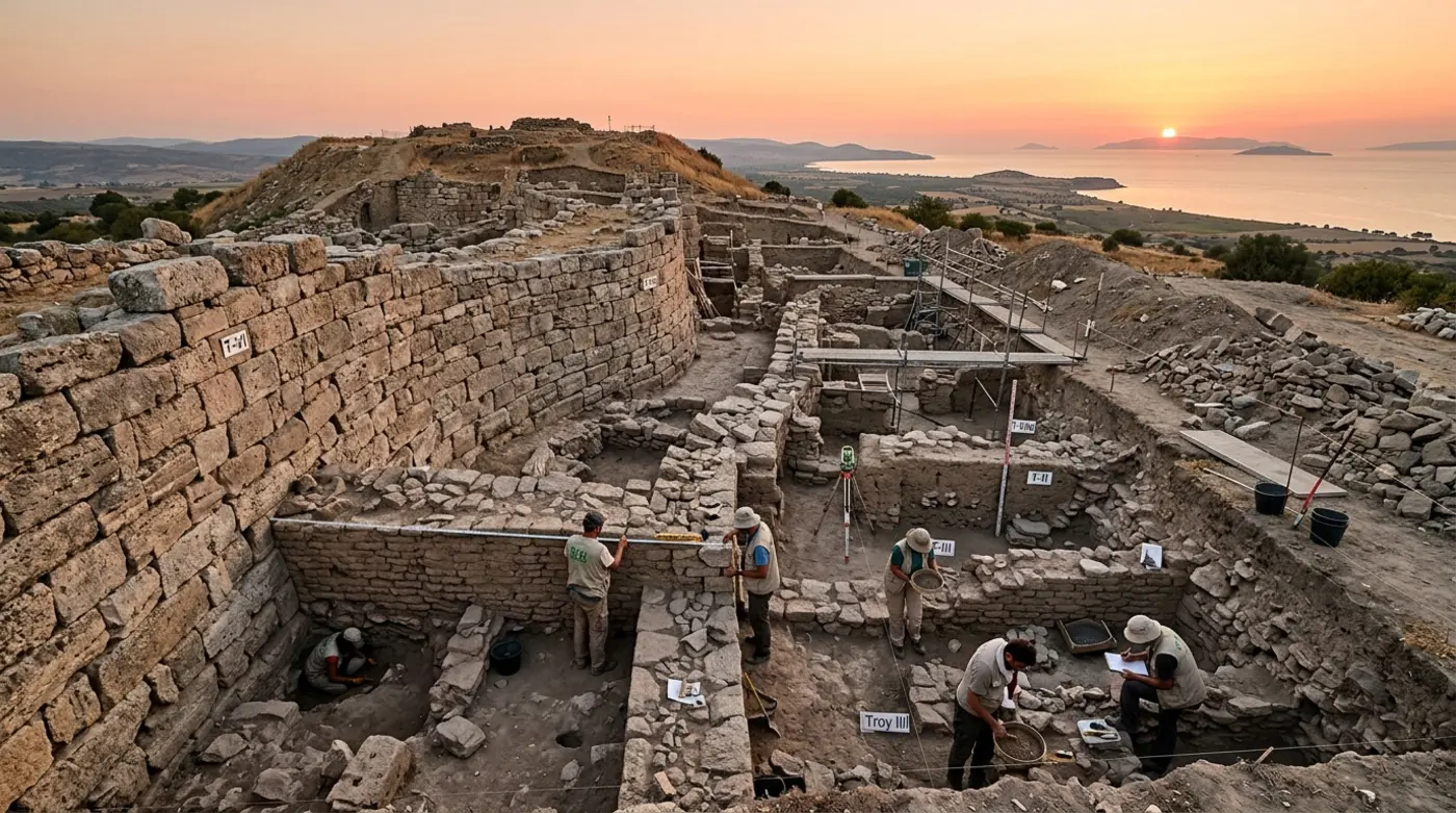 Archaeological evidence from the Trojan War including golden masks and Bronze Age artifacts