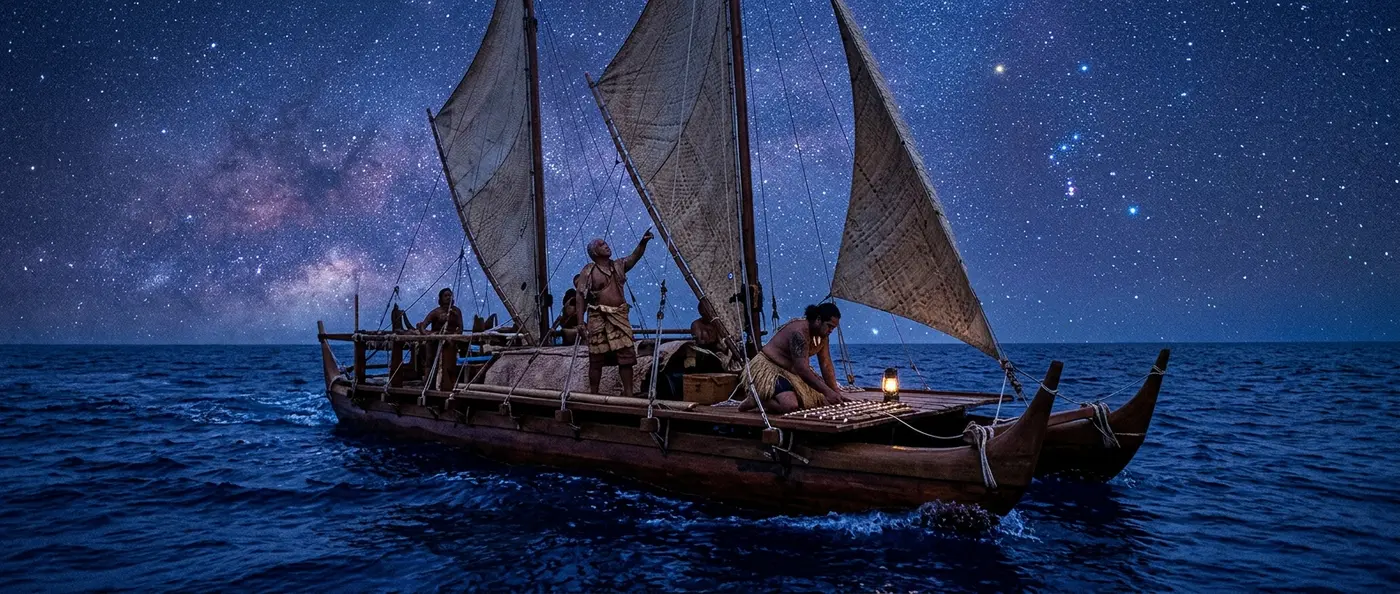 Polynesian navigators using stars to cross the Pacific Ocean