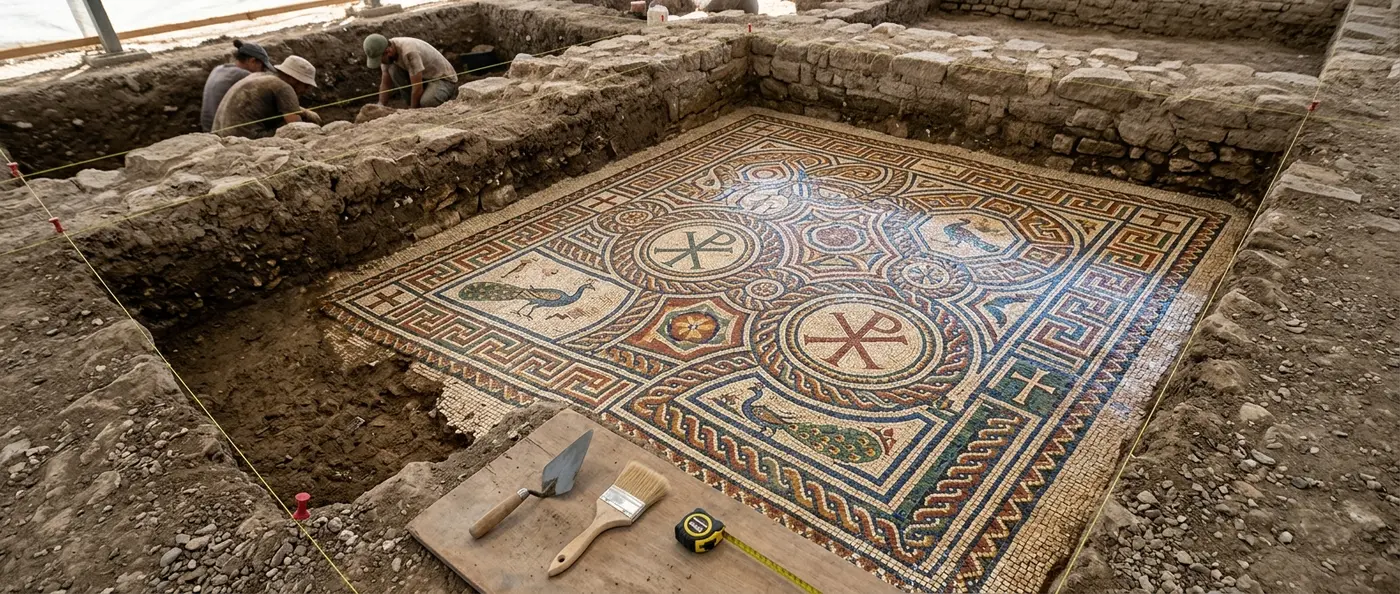 Ancient Christian mosaic floor with intricate geometric patterns and crosses from Berat basilicas showing two million individual tesserae