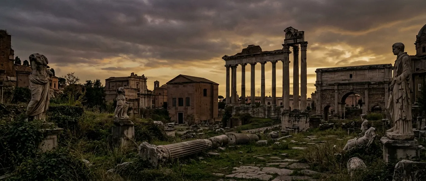 The fall of the Roman Empire - ruins of ancient Roman architecture against a dramatic sky