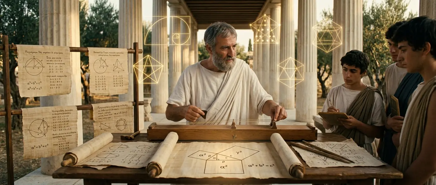 Ancient Greek philosopher Pythagoras teaching mathematical principles to his students in Croton