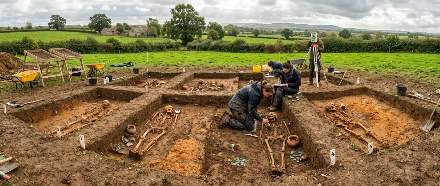Roman burial excavation site in southern England showing ancient graves and artifacts
