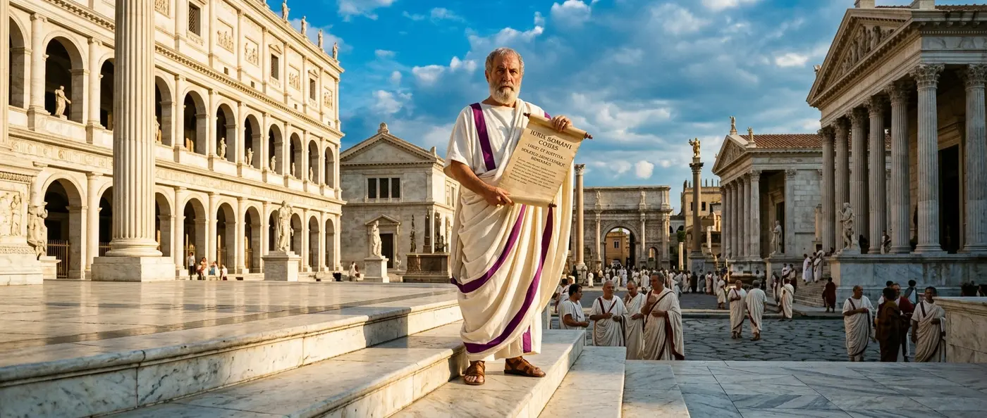 Ancient Roman legal scrolls and scales of justice representing the foundation of modern legal systems