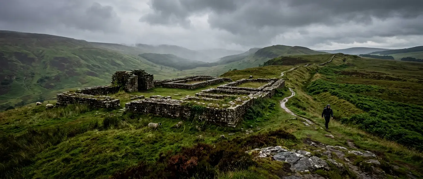 Aerial view of Roman fortress ruins discovered in Scottish Highlands beyond Hadrian's Wall