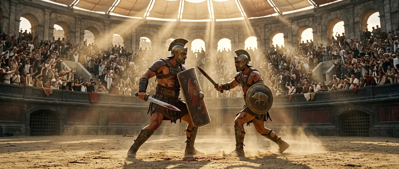 Reconstructed Roman amphitheater showing gladiatorial combat arena with spectators