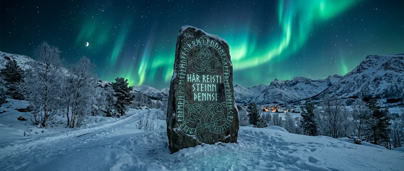 Ancient Viking runestone with mysterious carved symbols