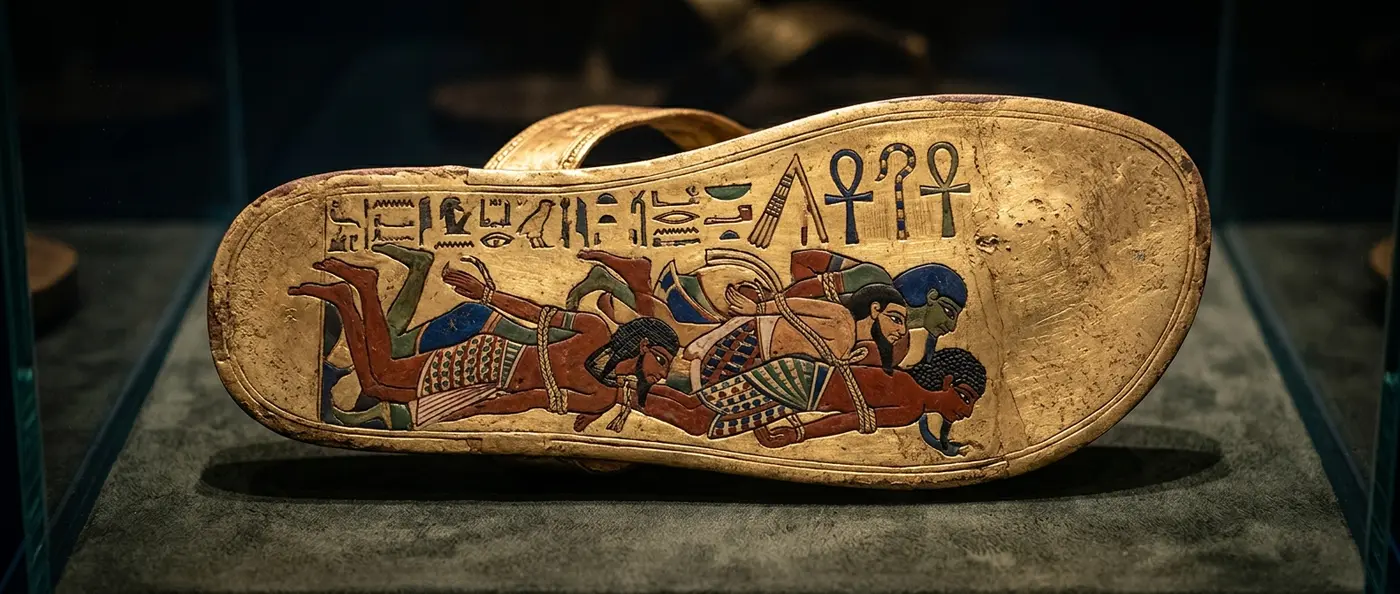 Tutankhamun's ceremonial sandals with bound enemies depicted on the soles