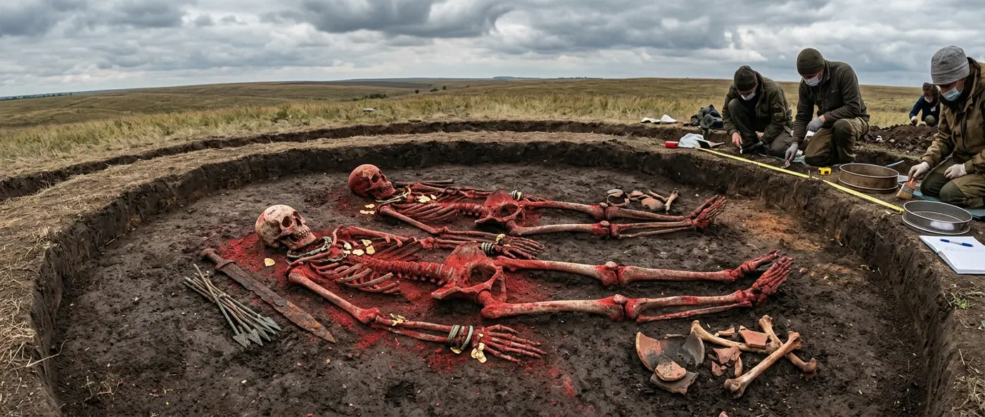 Crimson-stained Scythian burial chamber showing toxic red mineral deposits